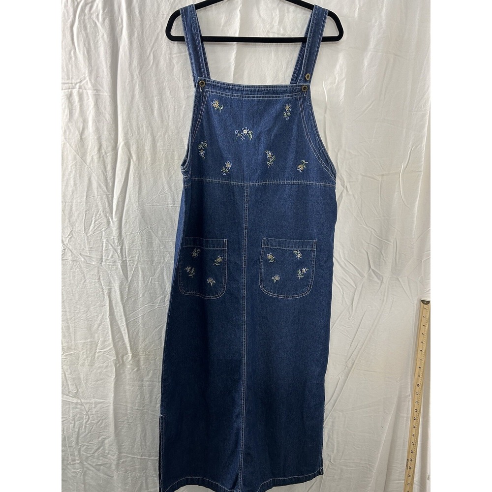 Premier International Ladies Sz L Denim‎ Jumper Dress Floral Embroidered Vintage